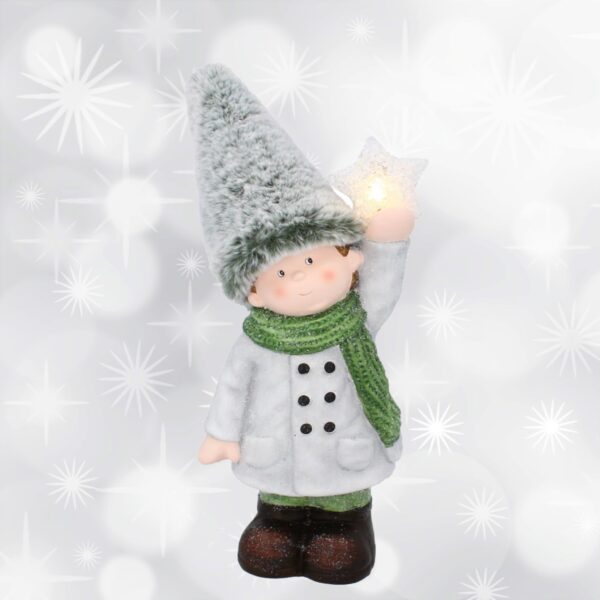 Figurka bożonarodzeniowa 29cm LED chłopiec/dziewczynka w zielonej czapce