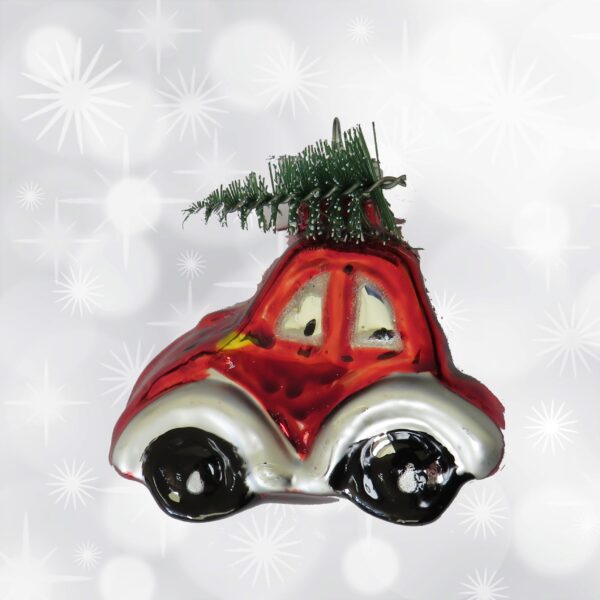 Ozdoba choinkowa, bożonarodzeniowa- samochód z choinką - szklany